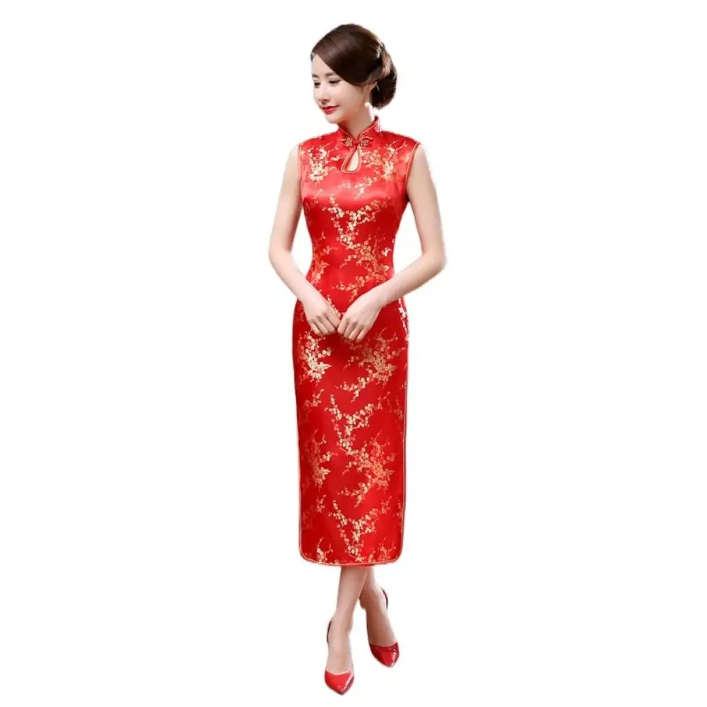 

Платья Cheongsam с цветочным принтом, облегающие платья с воротником-стойкой в китайском стиле, традиционная одежда без рукавов с боковым разрезом, свадебная одежда