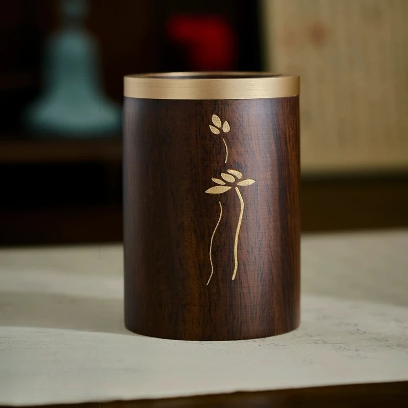 Zen spirit Rosewood Brass Pen Holder Desk Organizer Chinese Traditional Inlay Wooden Cylinder Metal Rim Vintage Office Supplies