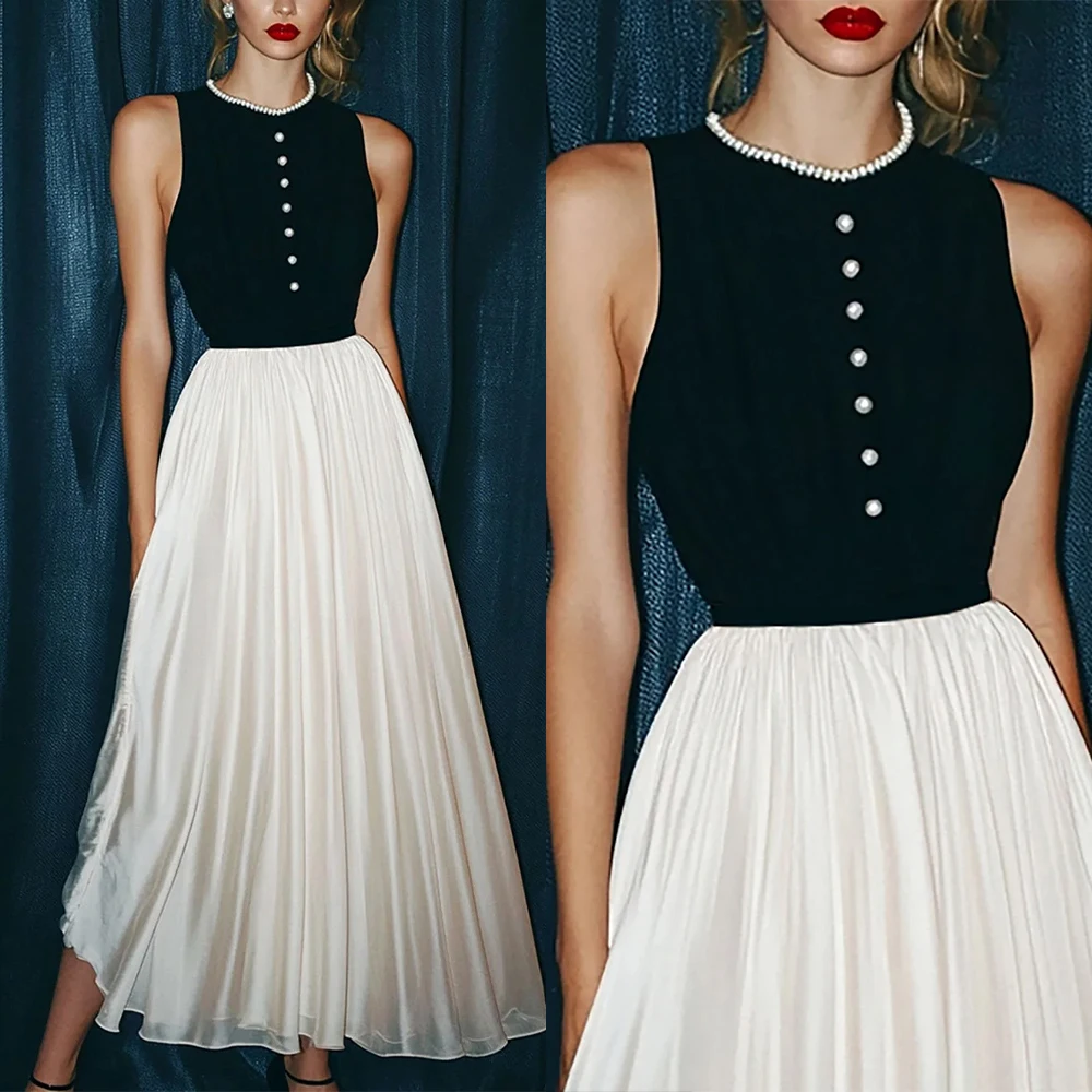 Customized O-neck Ankle Length Sleeveless Buttons Color Contrast Vestidos Para Bodas Mujer Invitada Prom Dresses فساتين سهره