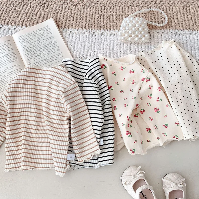 

Baby Girls Bottoming Shirt for Children's Clothing Autumn New Princess Floral Long-sleeved Half Turtle Neck Black Ear Tops