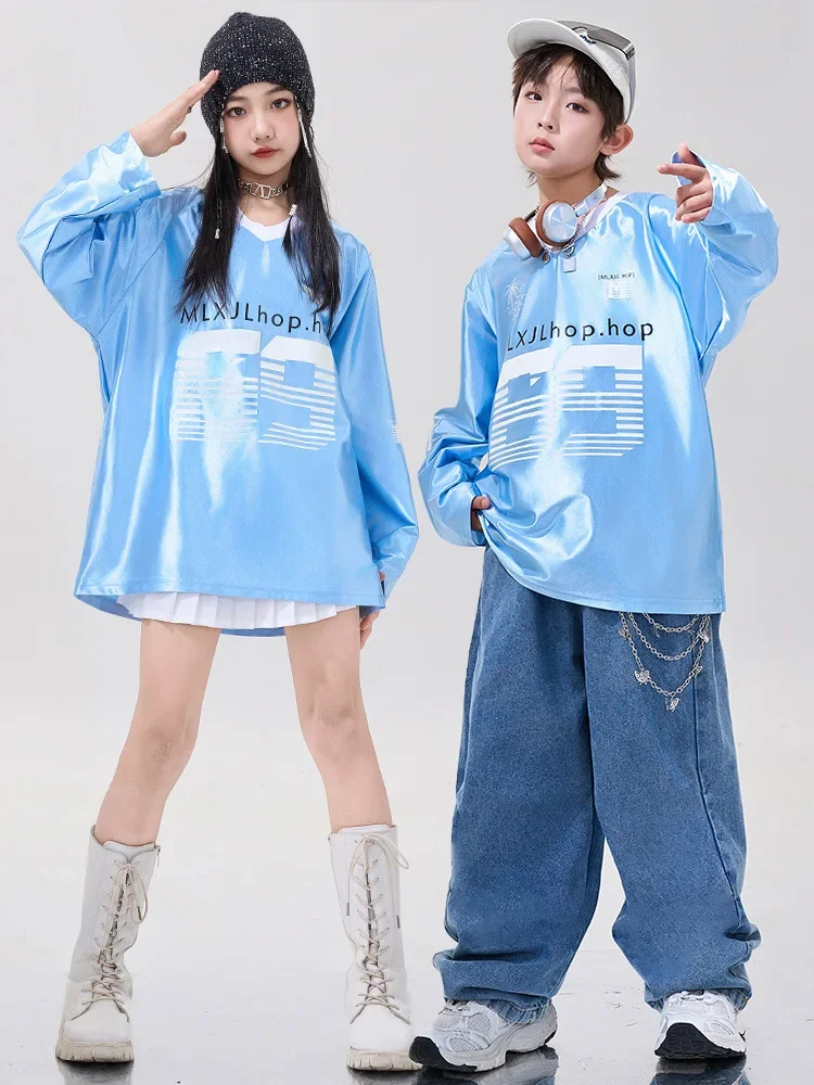

Kids Hip Hop Clothing Blue Tops Blue Jeans Pants for Boy Girl White Skirt Dance Costume Clothes