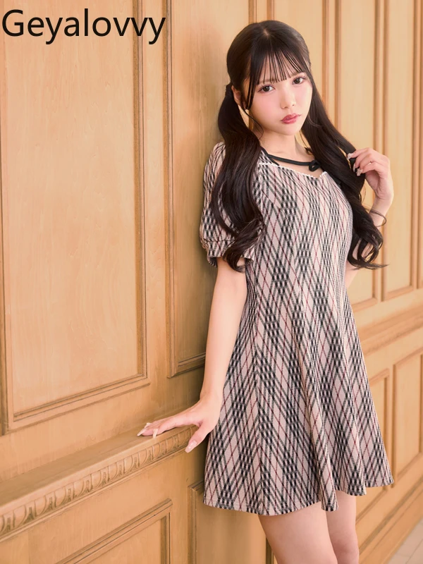 

Autumn New Japanese Sweet Style Slim Fit Dress for Girls Diagonal Plaid Square Neck Puff Short Sleeve High Waist Dresses