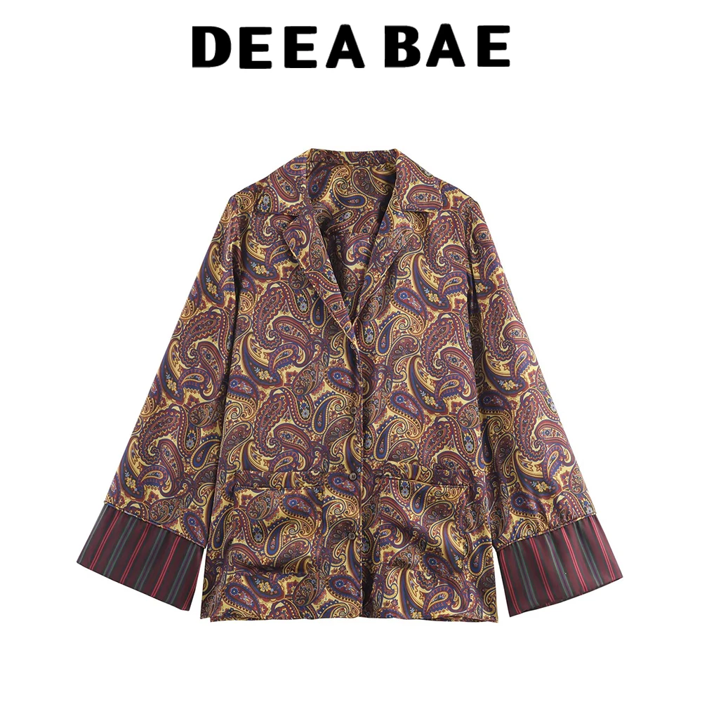 DEEABAE Autumn women's fashion temperament Paisley pajama style shirt lace up printed casual pants set