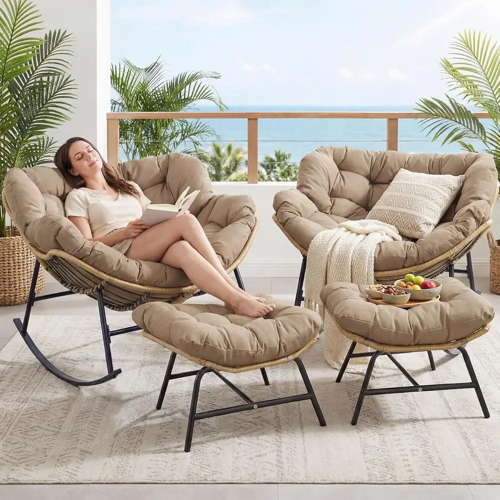 

4 PCS Rocking Papasan Chair with Ottoman, 2 Person Patio Egg Rocker with Brown Cushion, Double Rocking Chair or Reading/Relaxing