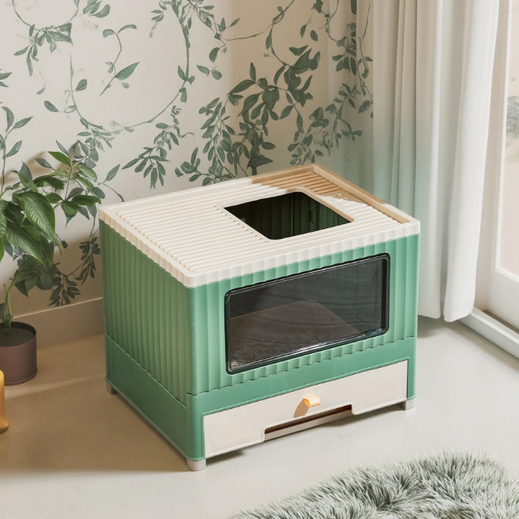 

Large Fully Enclosed Pet Litter Box Folding Cat Litter Pan With Anti-Belt-Out Top Deodorizing Plastic Cat Defecation Supplies