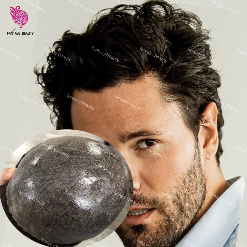 سوبر ميكروسكين 0.1 مللي متر حقن بولي Men الرجال الشعر المستعار جيت أسود 100% شعر الإنسان 110%-130% الكثافة 1B20 1B30 1B50 1B65 رمادي أسود شعر مستعار للرجال #1