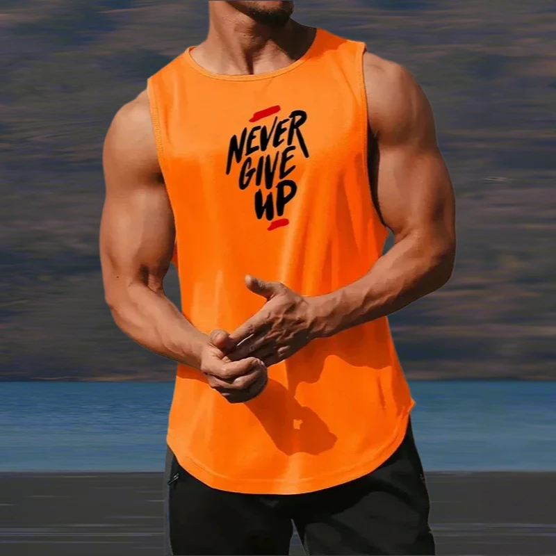 

Мужские жилеты для бега Never Give Up, сетчатые быстросохнущие дышащие майки для тренировок мышц, бодибилдинга, фитнеса, свободная спортивная рубашка