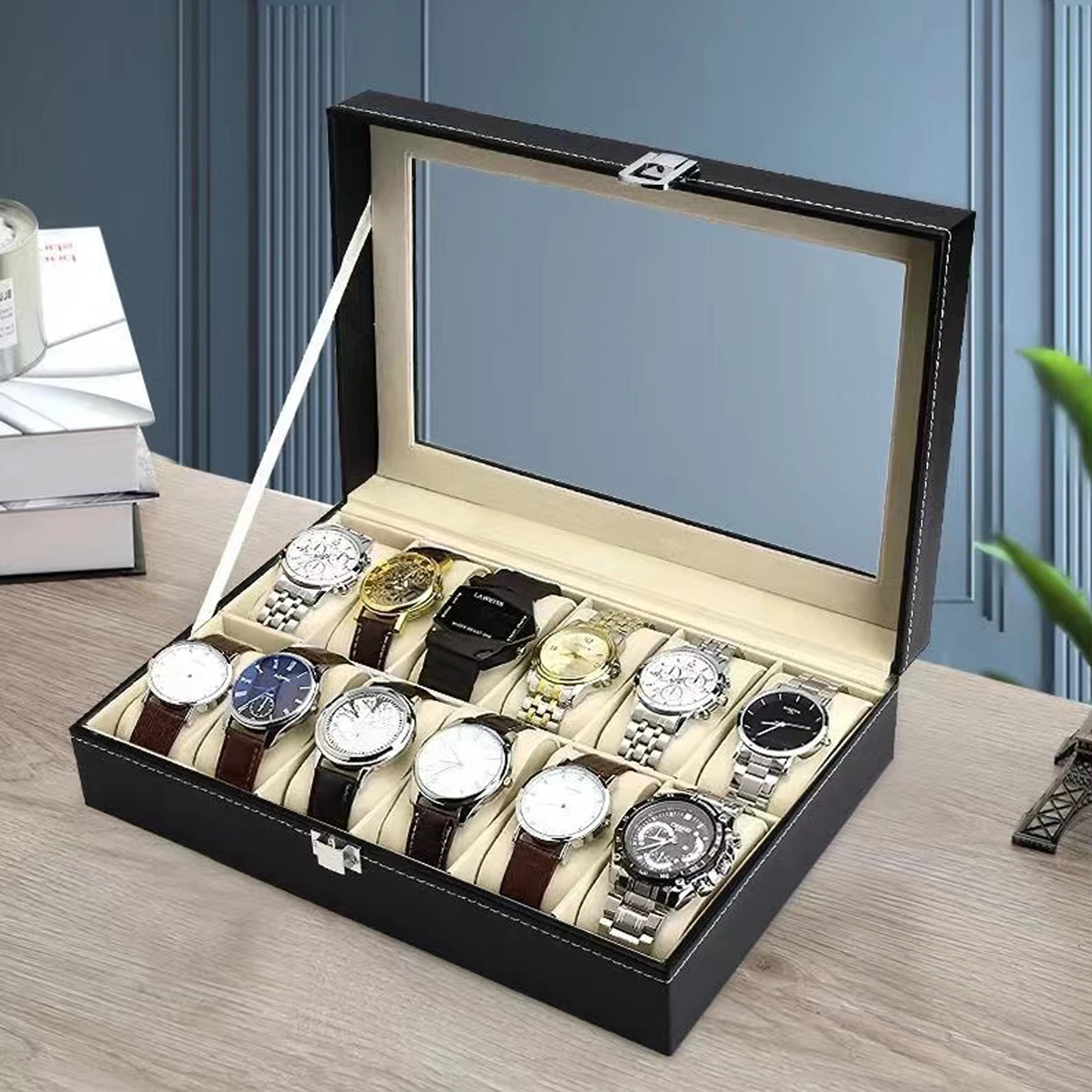 Lnofxas Watch Box, 12-Slot Watch Case with Large Glass Lid, Removable Watch Pillows, Watch Box Organizer, Gift for Loved Ones