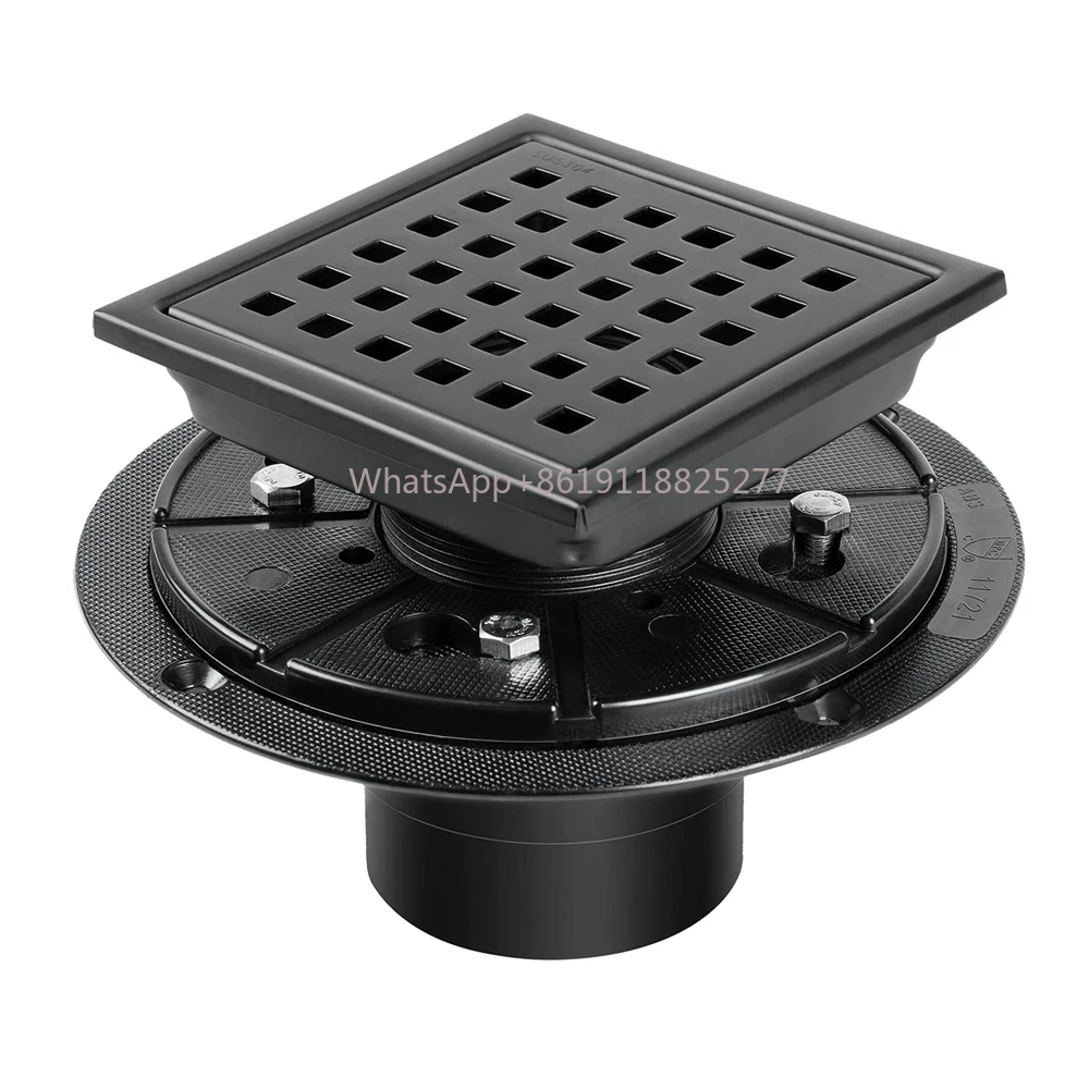 

Shower Drain 4 Inch Square with Flange, Black Kit, SUS304 Stainless Steel Brushed Shower Floor