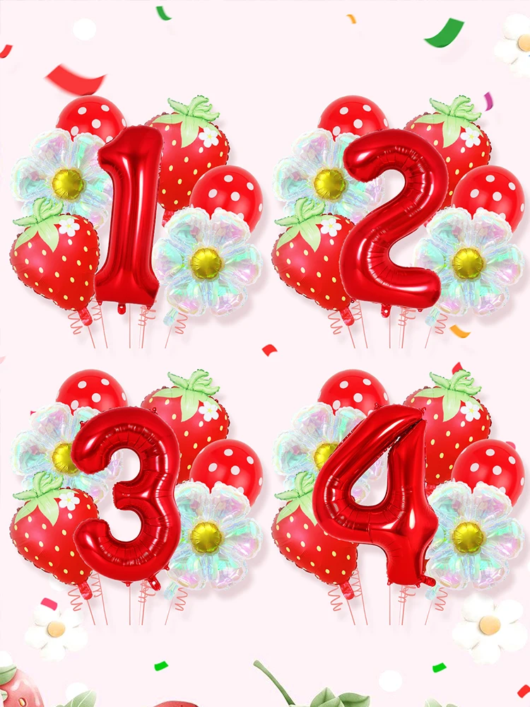 7 pcs Strawberry Daisy Flower Party Balloons, Red Number Balloons, Suitable for Strawberry Themed Birthdays, Christenings