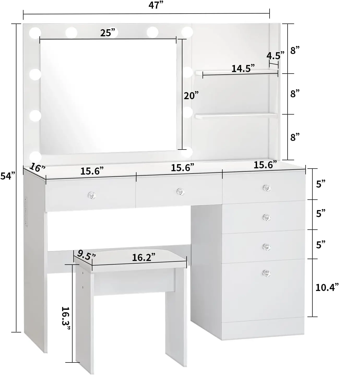 VOWNER-Bureau de maquillage avec lumières, vanité avec prise de courant, étagères de rangement, 6 égouts de proximité, 3 modes d'éclairage pour documents, 47 po