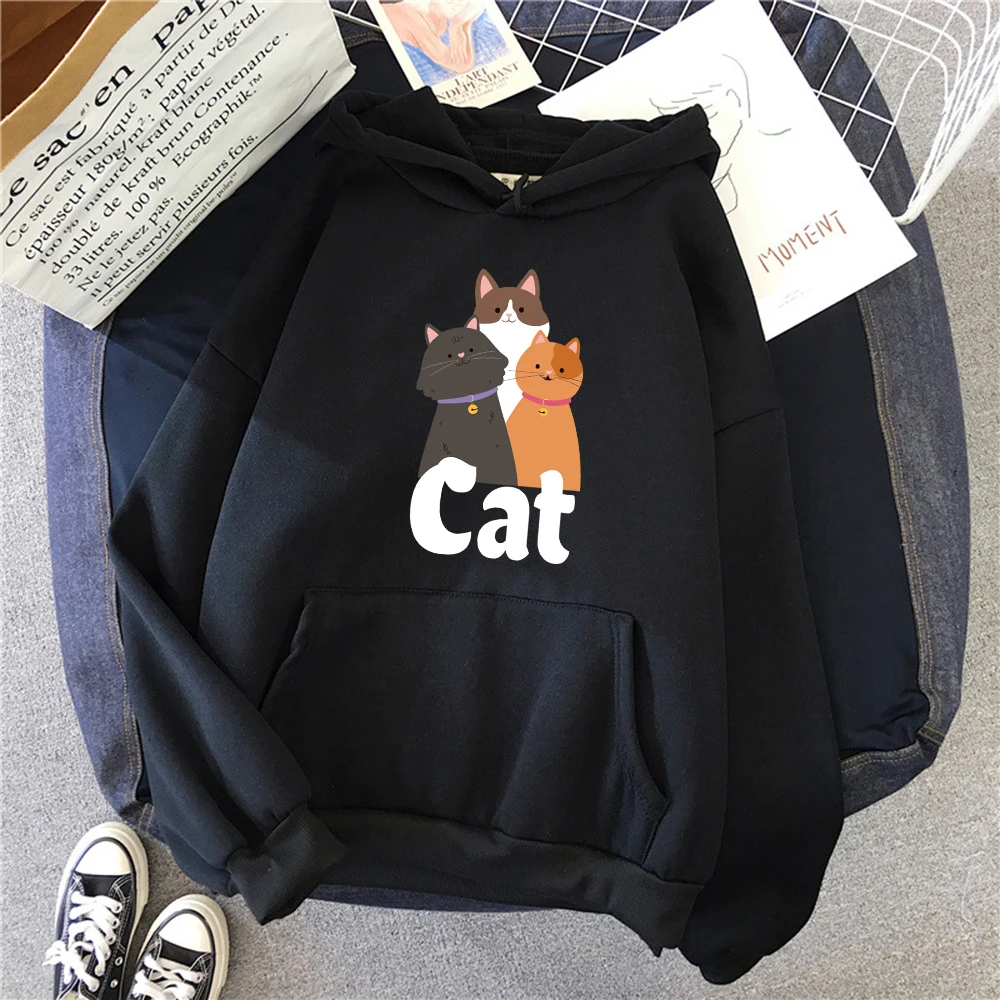 Three Cartoon Cats Printed Women Hoodies Fashion Harajuku Hoody Casual Loose Y2K Womenswear Fleece Multicolor Unisex Pullover