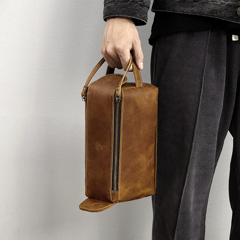 Leather wash bag multi-function travel storage bag cowhine men's hand large capacity makeup bag crazy horse skin