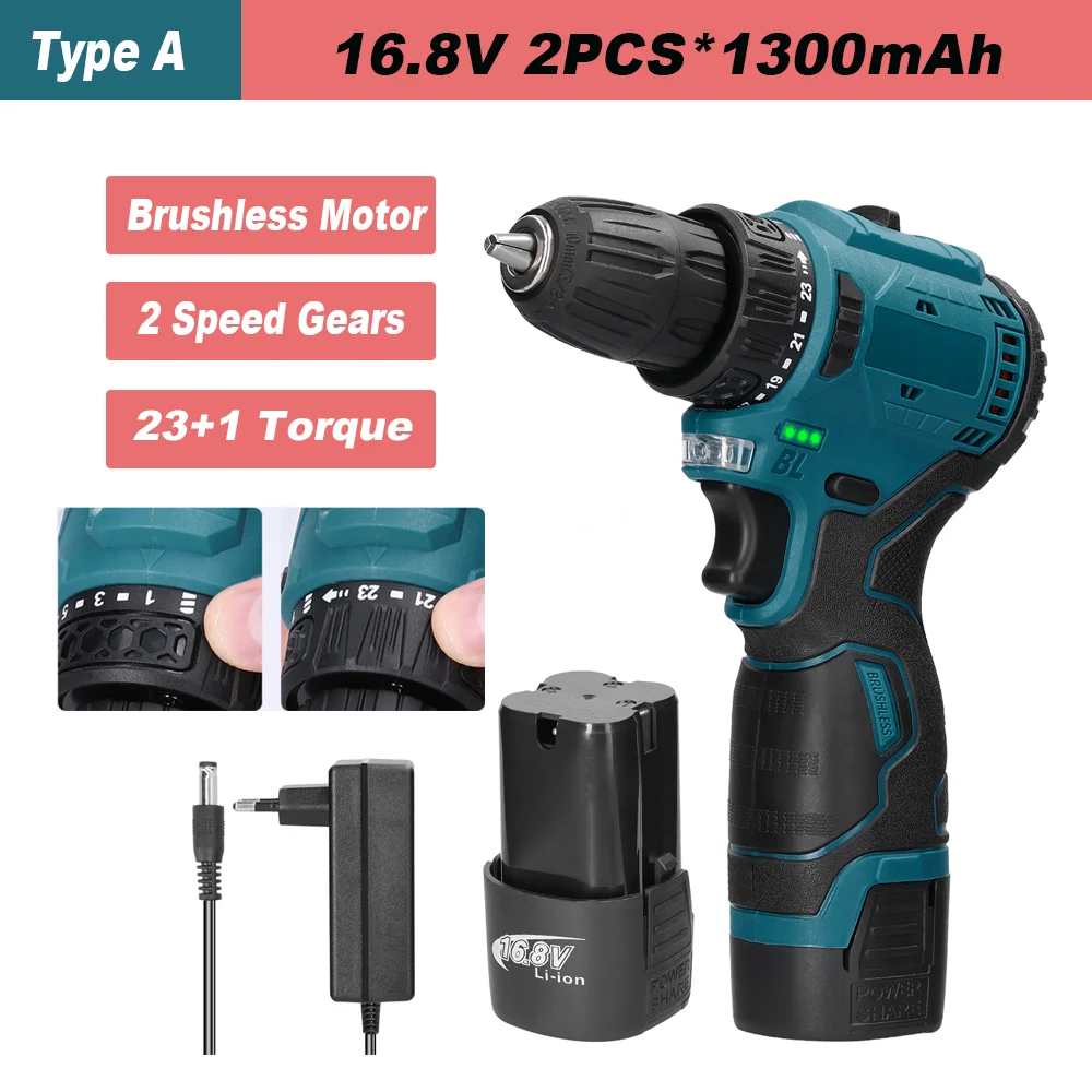 16,8 V/18 V 2 IN 1 Bürstenlosen Schraubendreher Lithium-Bohrmaschine Elektrowerkzeug Bürstenlosen Motor Praktische Schraubendreher Reparaturset