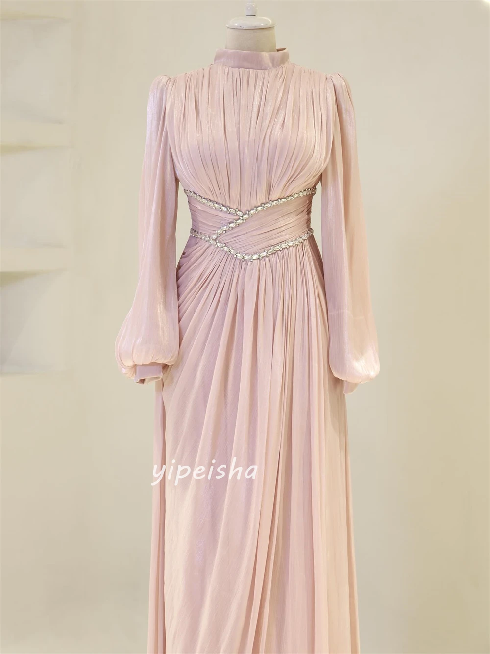 Customized High Quality Classic Chiffon Rhinestone Pleat Straight High Collar Long Dresses Bespoke Occasion Dresses Matching