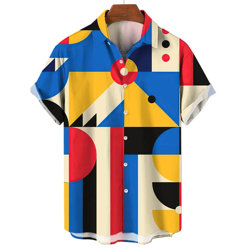 

Geometric Patterns Hawaiian Shirt for Men Colorful Splicing 3D Printed Short Sleeves Fashion Loose Blouses Lapel Aloha Shirts