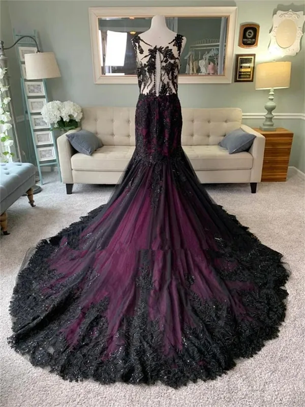 Vintage preto e roxo gótico Vestidos De Casamento com Cabo Ilusão Voltar Fishtail rendas applique Sereia Vestido De Noiva