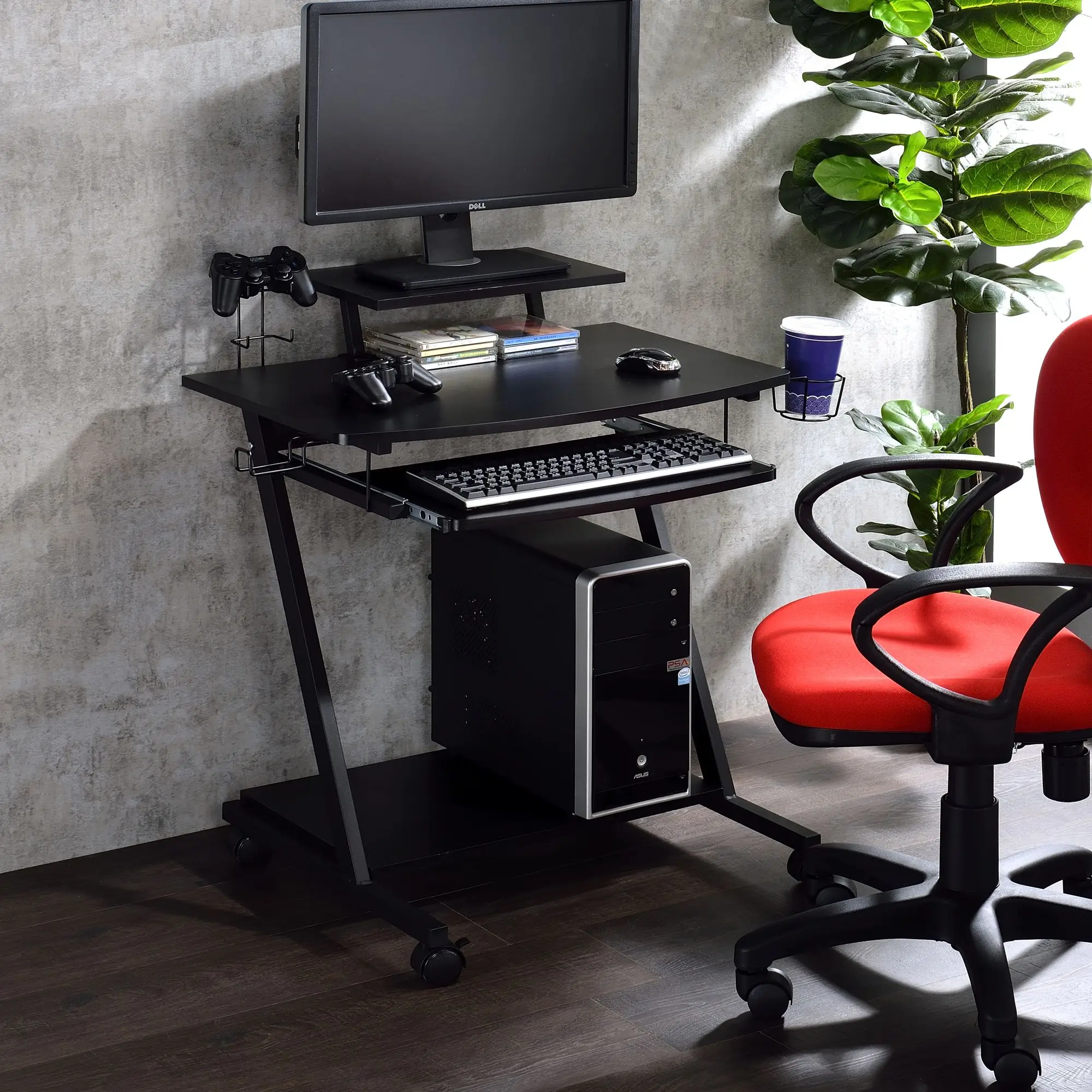 Black Gaming Desk With Keyboard Tray Metal Rectangular Home Office Furniture