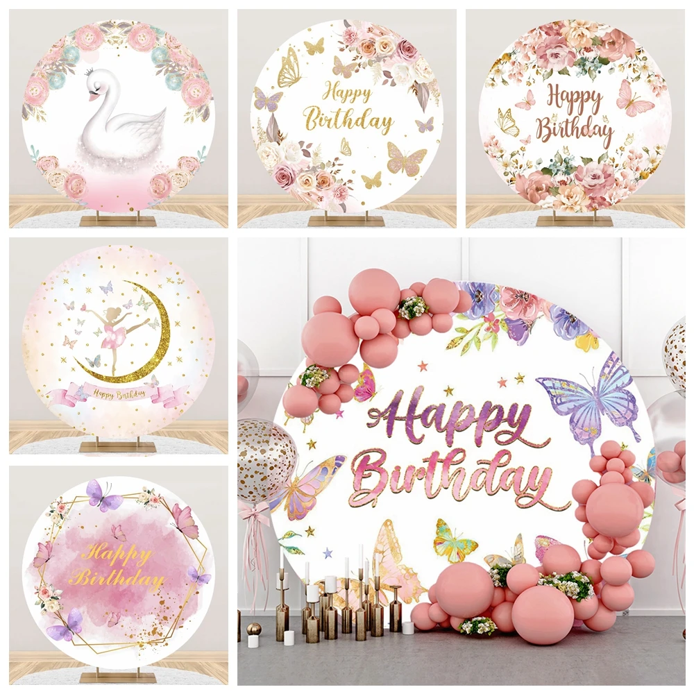 Pink Purple Butterfly Baby Shower Backdrop For Girl Birthday Floral Round Photography Backgrounds Child 1st Birthday Party Decor