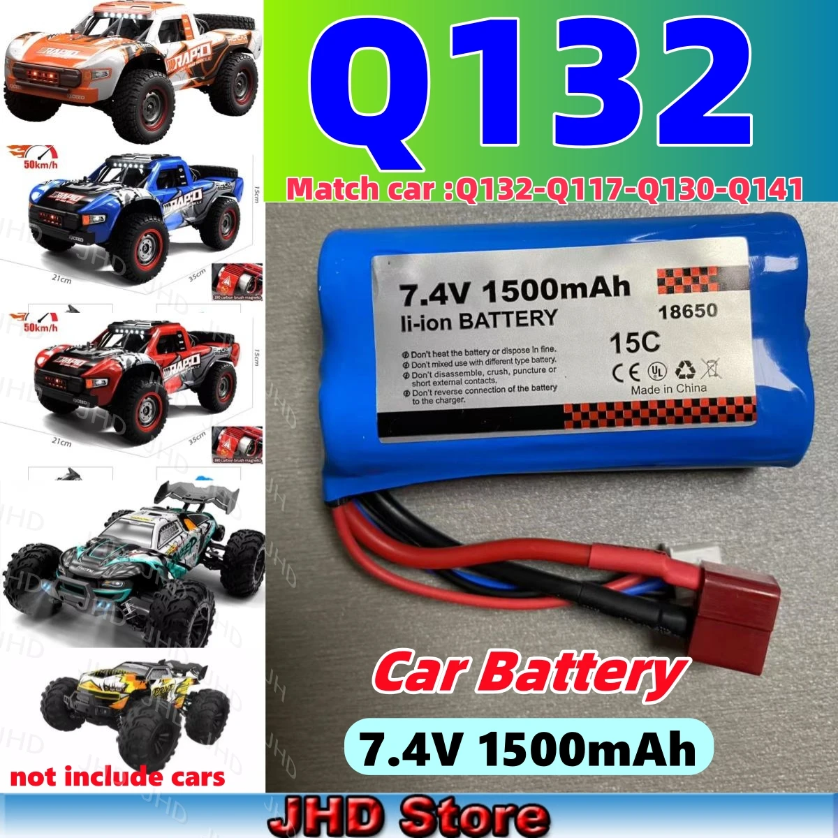 JHD Q132 Battery High Speed RC Car Original 18650 Battery 1500mAh Match Remote Control Car Q132/Q117/Q130/Q141 Toy Car Battery