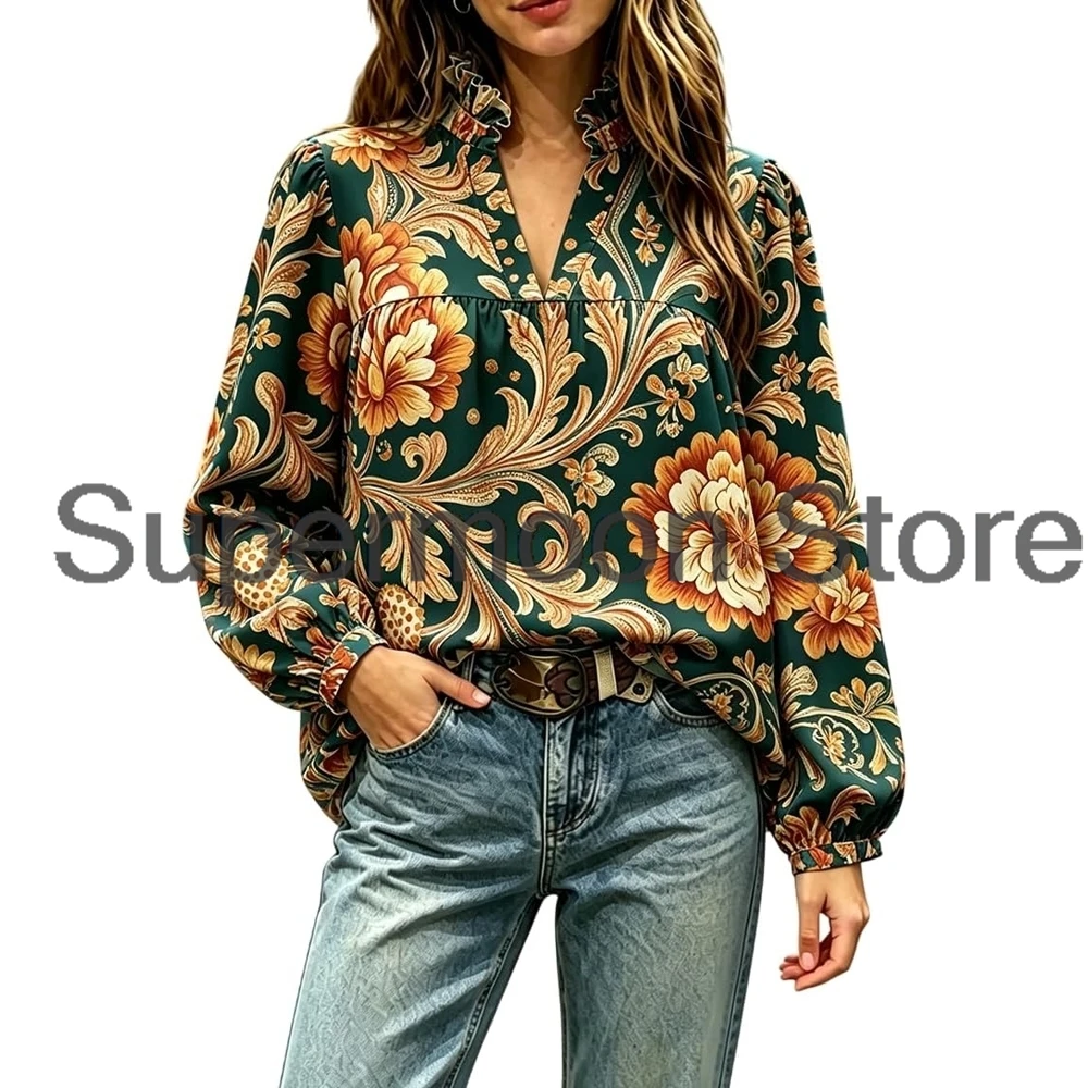 Women Western Vintage Floral Print Blouse Ruffled Stand Collar V-Neck Long Puff Sleeve Shirt Vintage Loose Casual Tops
