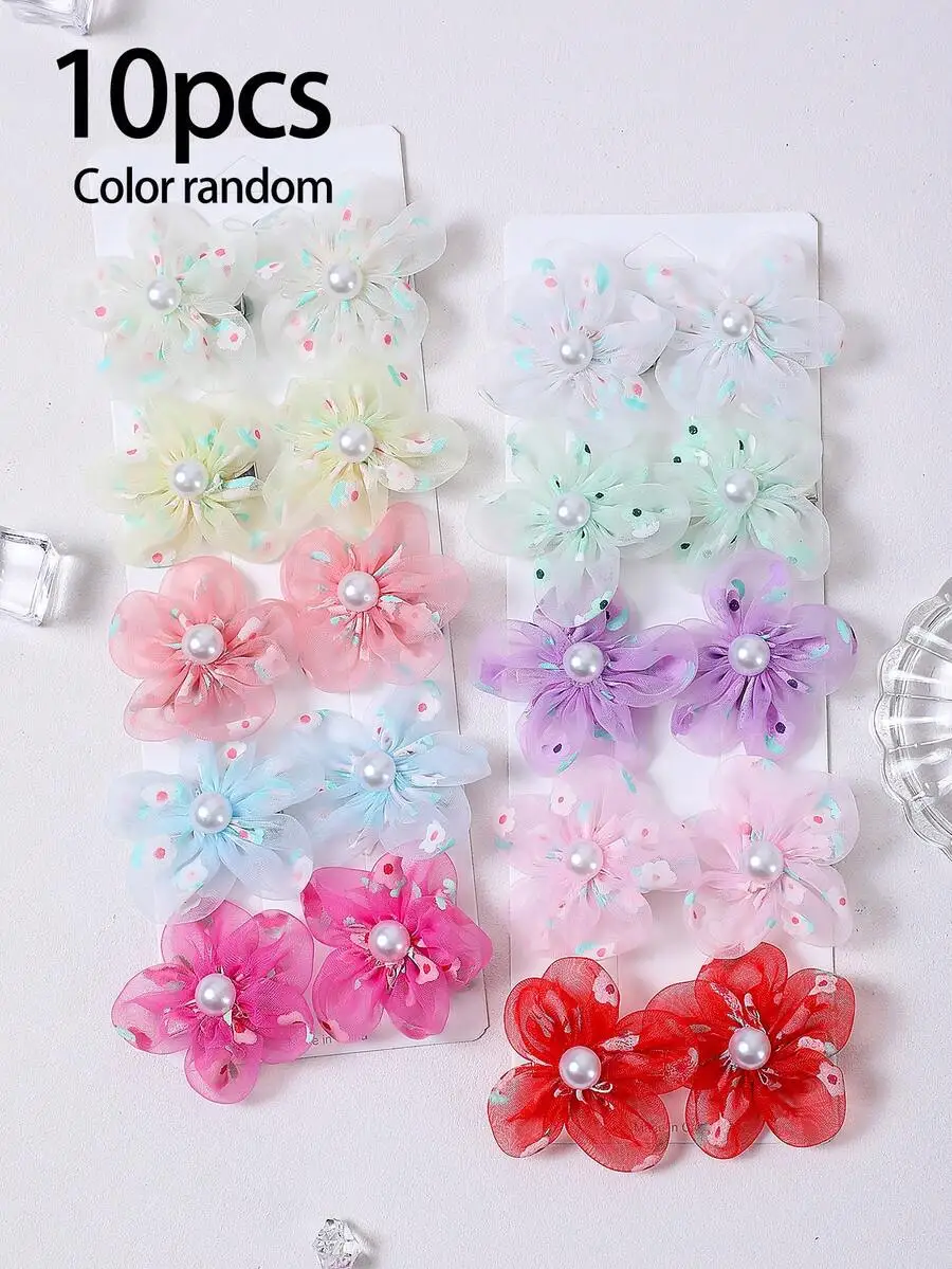 

10pcs Random Color 3D Flower Hair Clips For Women, Non-Damaging Floral Hair Accessories With Pearl Center