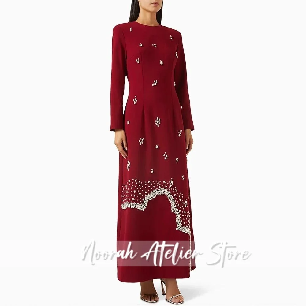 

New Elegant Red Beaded Long Sleeves Luxurious Women's Evening Dresses 2025 Dubai Tea-Length Party Gown Vestidos Customized