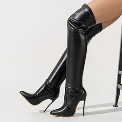 Eilyken Sexy PU Leather Women Over-the-Knee Boots Fashion Pointed Toe Long Booties Thin High Heels Stripper Party Shoes