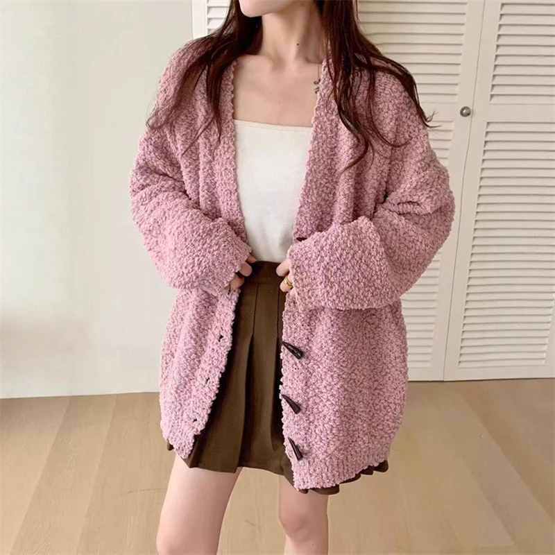 

2025 New Horn Button Oversized Plush Cardigan Women Loose Soft Comfortable V-Neck Cardigans Jacket Vintage Street Woman Clothes