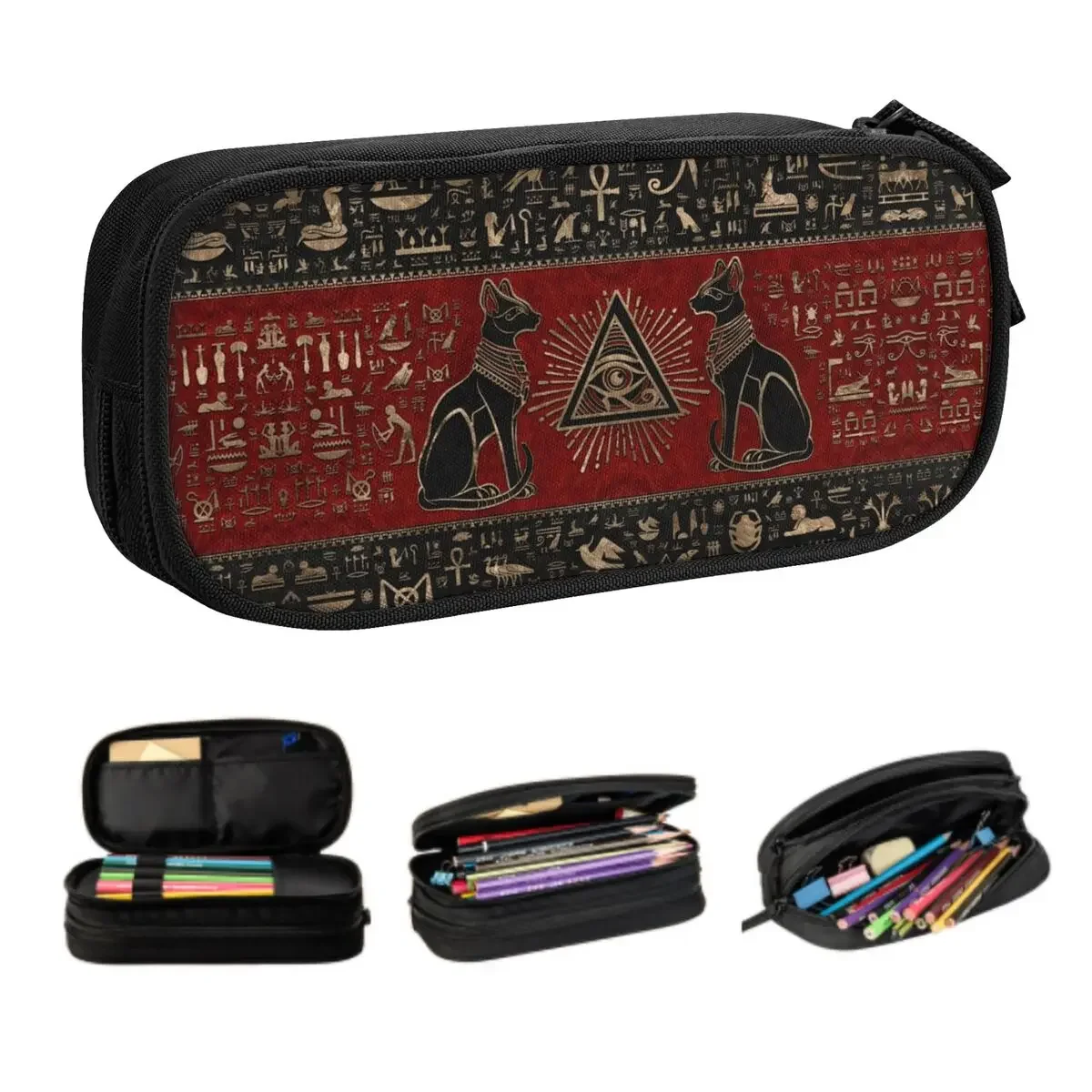 Kawaii Egyptian Cats And Eye Of Horus Pencil Case for Girls Boys Large Storage Egypt Hieroglyphic Pencil Box Stationery