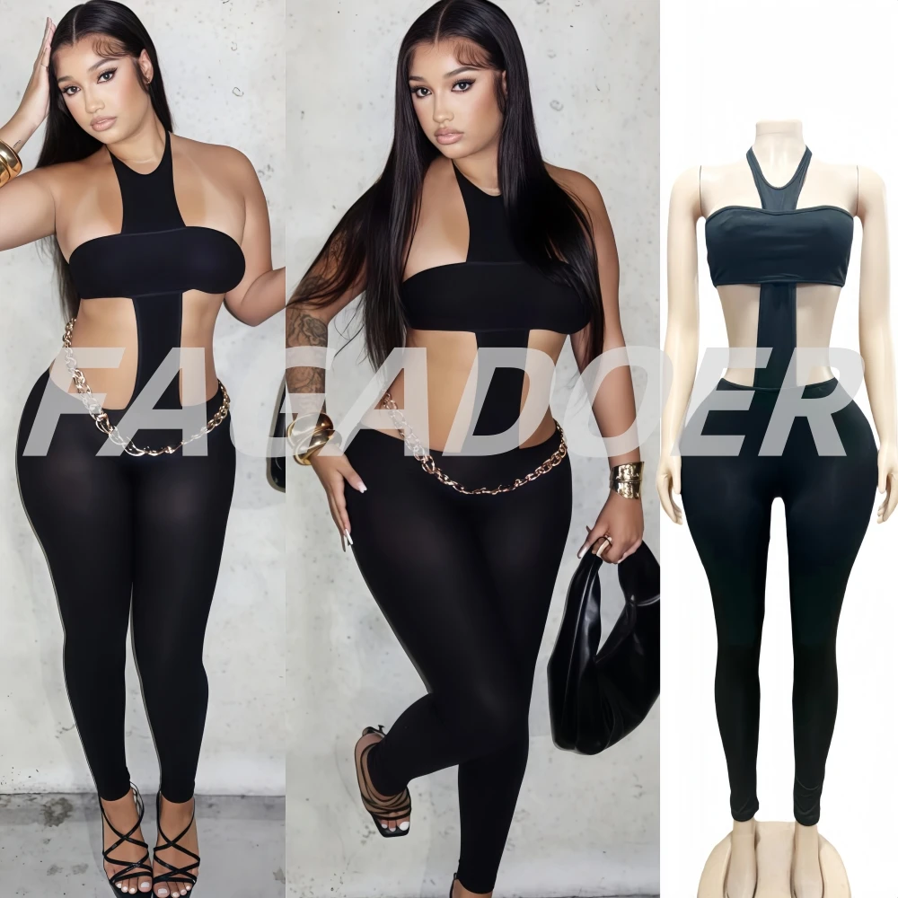 

FAGADOER Y2k Sexy Two Piece Outfits Woman Halter Sleeveless Backless Crop Top and Skiny Pants Suits Female Streetwear Clothing