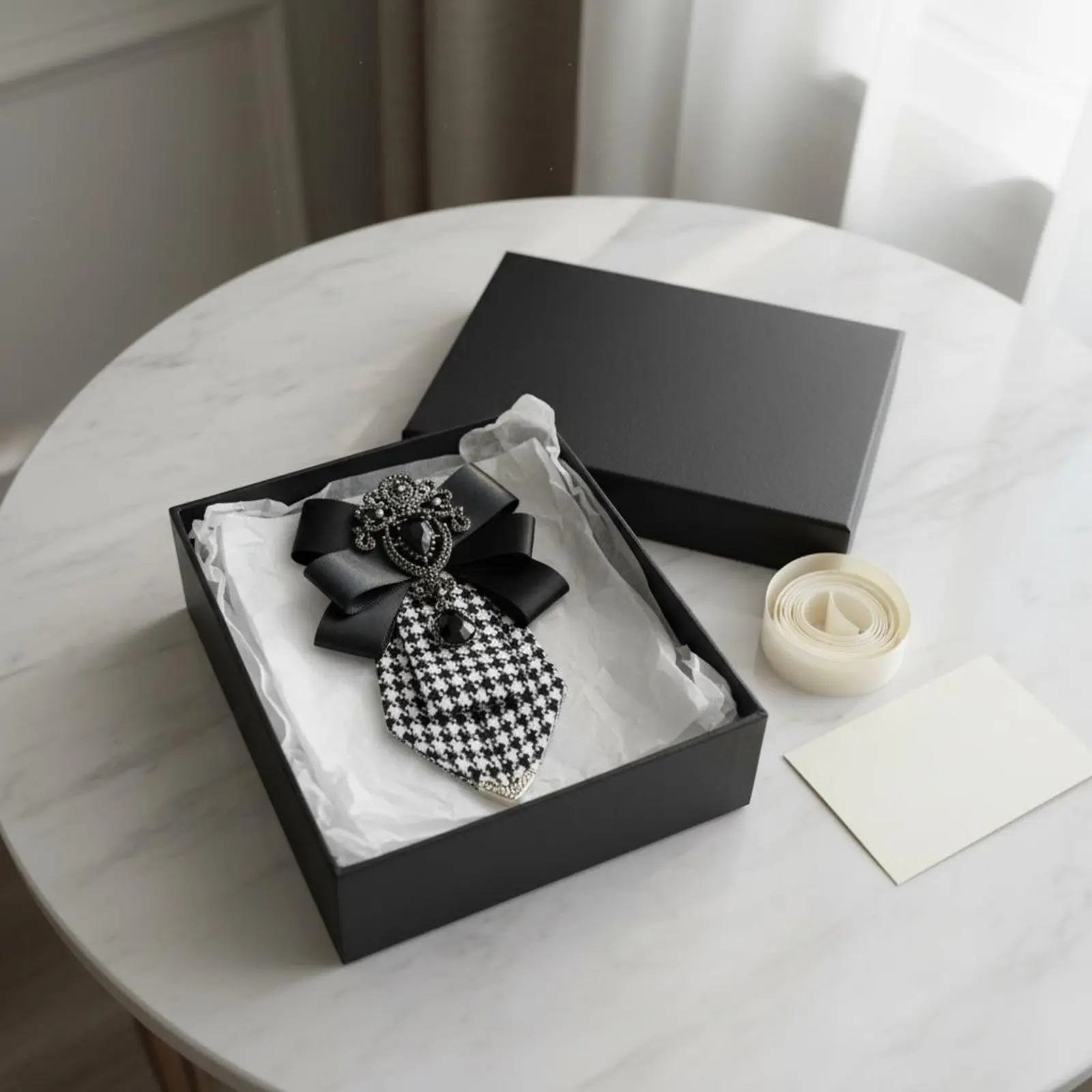 千鳥格子柄ネックウェアタイブローチ、英国デザイン、プレタイドネックウェアブローチ素材、蝶結びピン、多用途ジュエル付きリボンクラバット