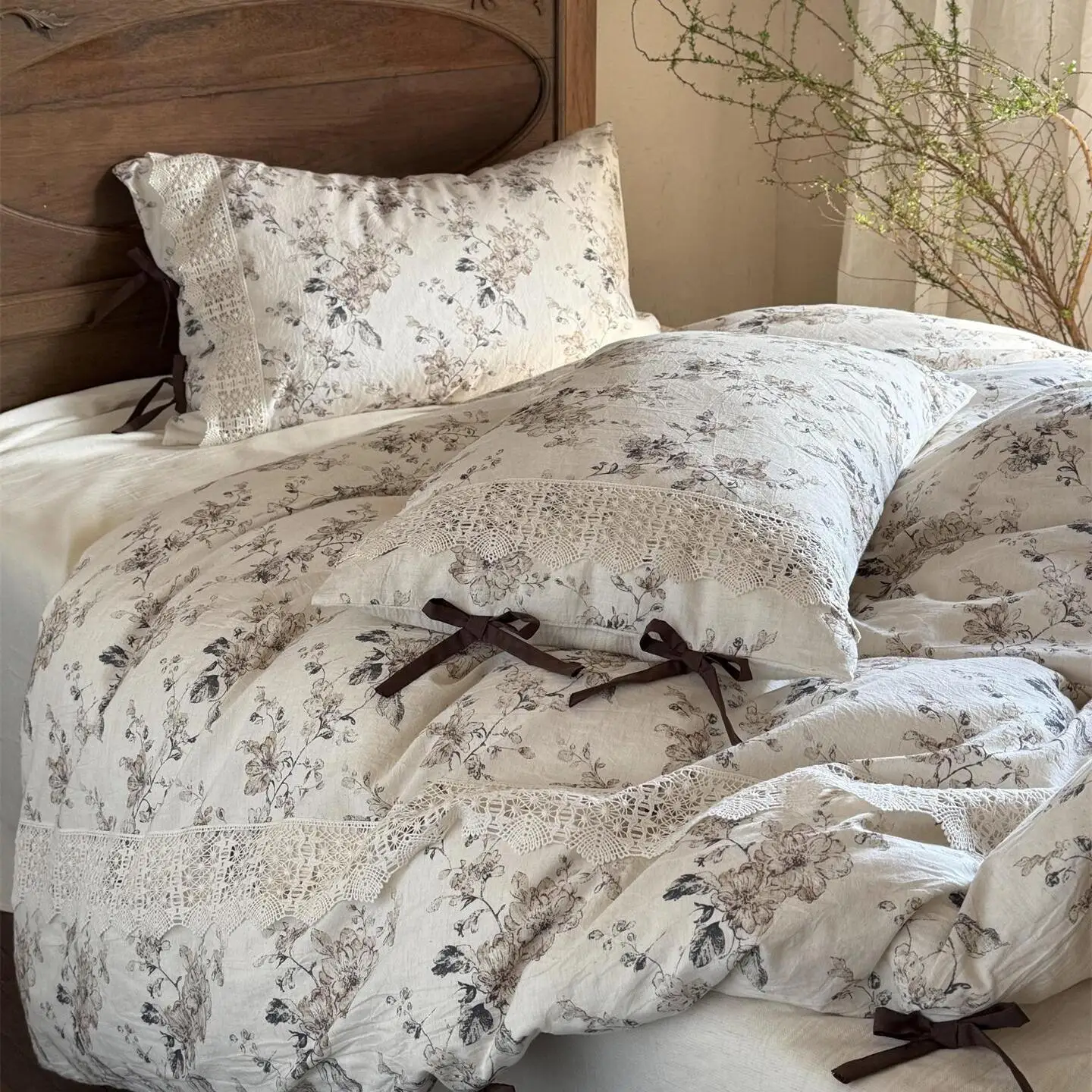 Princess Style Cotton Linen Quilt Cover Bed Sheet Bed Canopy Four Piece Set Retro Embroidered Color Woven Bedding Accessories