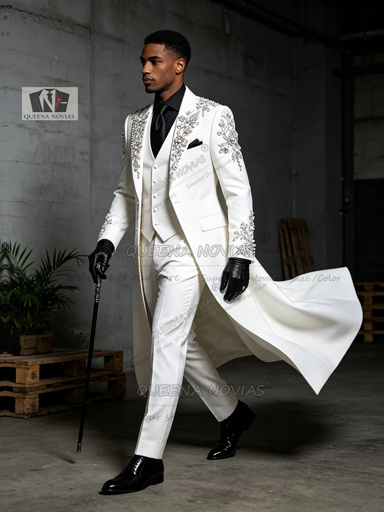 Groom Tuxedo Suit For Wedding Crystals Beading Prom Blazer Long Customized Man Banquet Attire Formal Wear Male Fashion Clothing