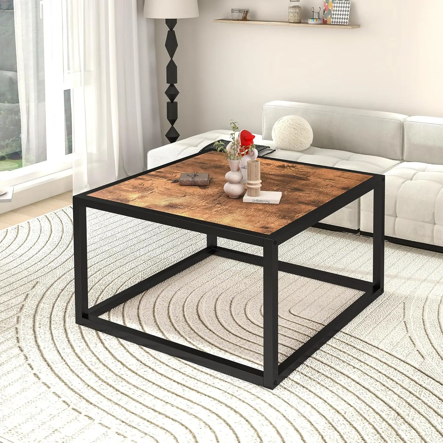 Mesa de centro cuadrada moderna, color negro y marrón rústico, mesa auxiliar/centro/lateral sencilla con tapa de madera y estructura de metal resistente,