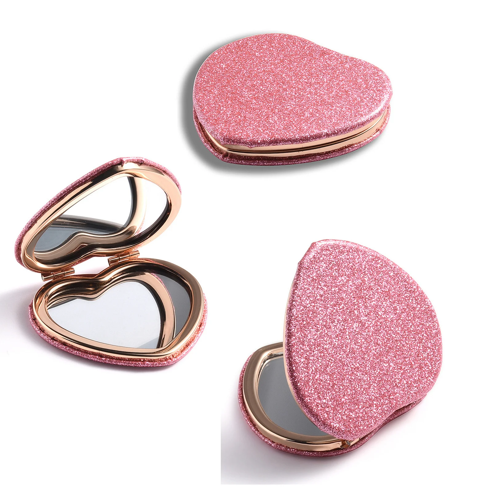 Espejo de maquillaje con purpurina para mujer, espejo de maquillaje doble plegable de bolsillo, espejos compactos de viaje, espejo cosmético de belleza, espejo redondo de corazón