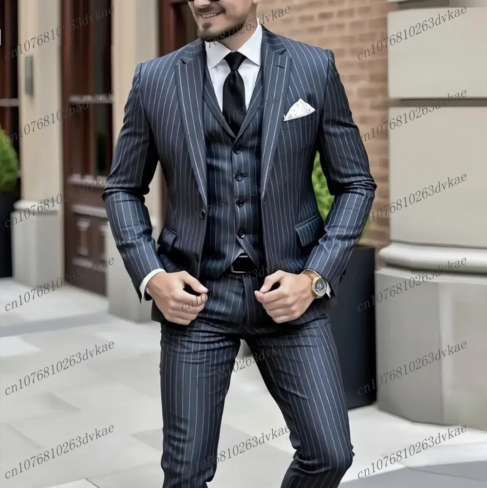 

New Grey Stripe Men Business Suit Groom Groomsman Wedding Party Formal Prom Male Tuxedos 3 Piece Set Blazer Vest Pants