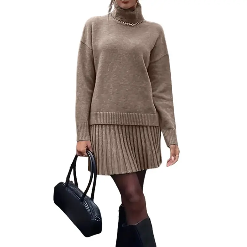 

ABRT-Female Sweater Skirt Sets 2 Piece Outfits Ribbed Knit Mock Neck Sweater Pullovers A Line Mini Skirt Set