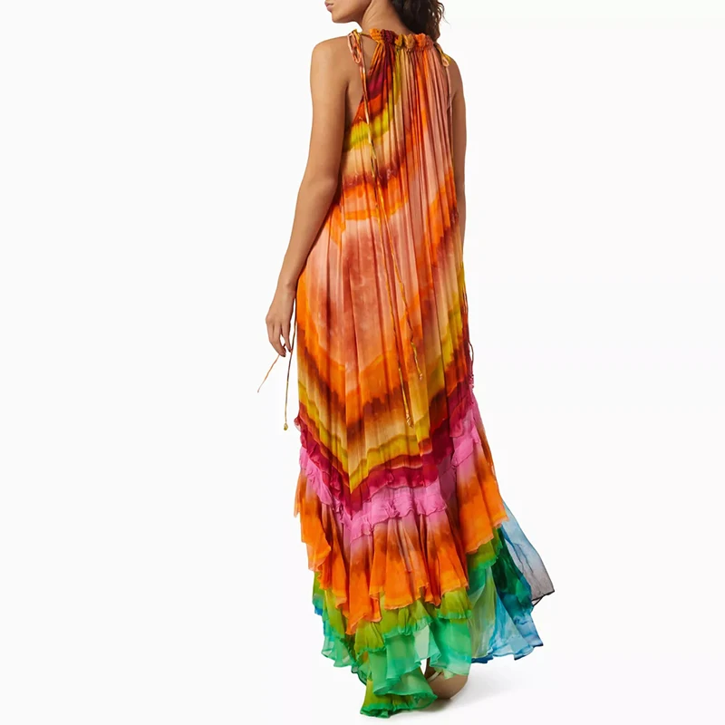 Vestido feminino verão o pescoço sem mangas solto boêmio rendas até vestidos de férias plissados gradiente impresso em camadas bolo vestido longo