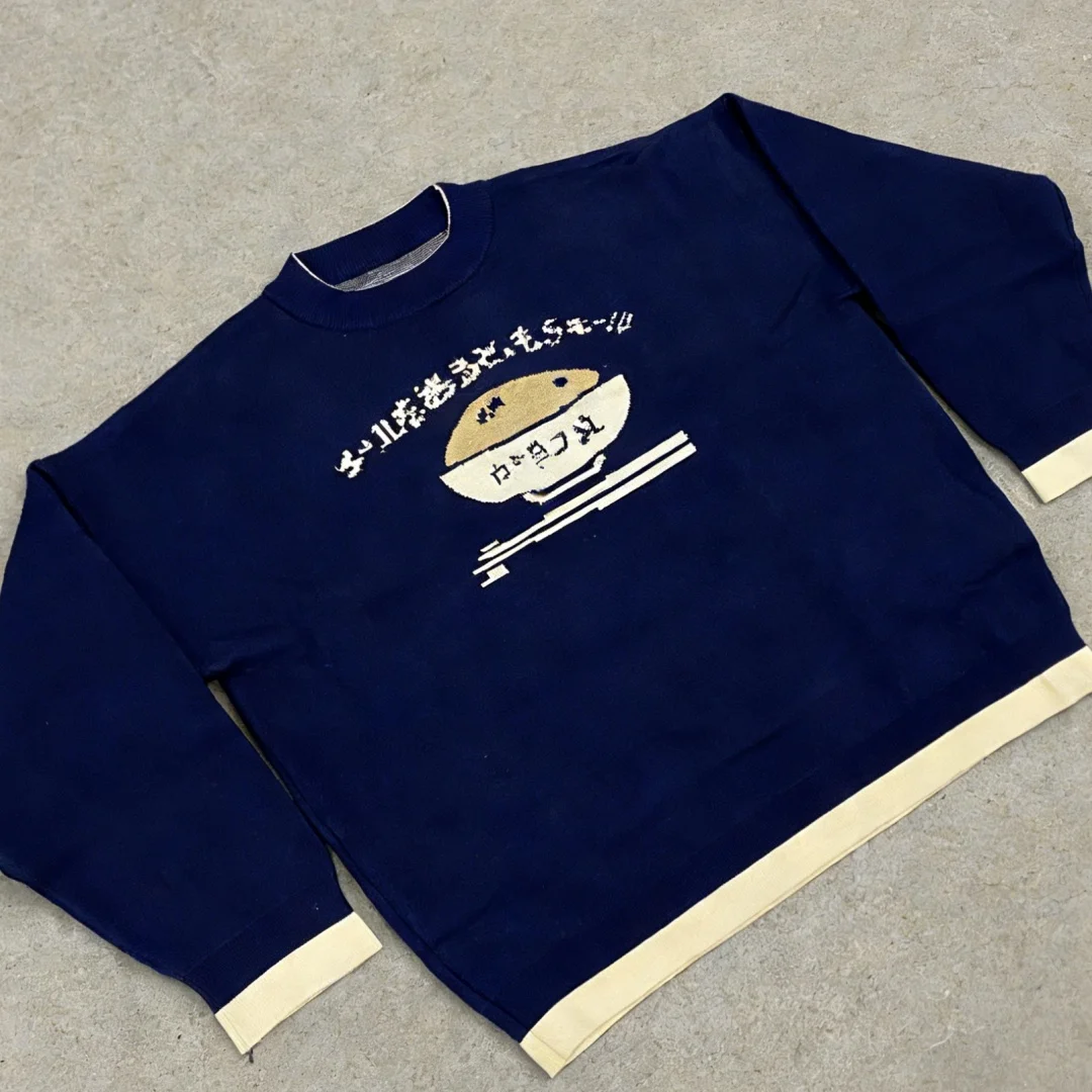 

Новинка 2026: Мужской свитер оверсайз в стиле Y2K с жаккардовым узором «Японский рамен», ретро-пуловер с круглым вырезом в уличном стиле