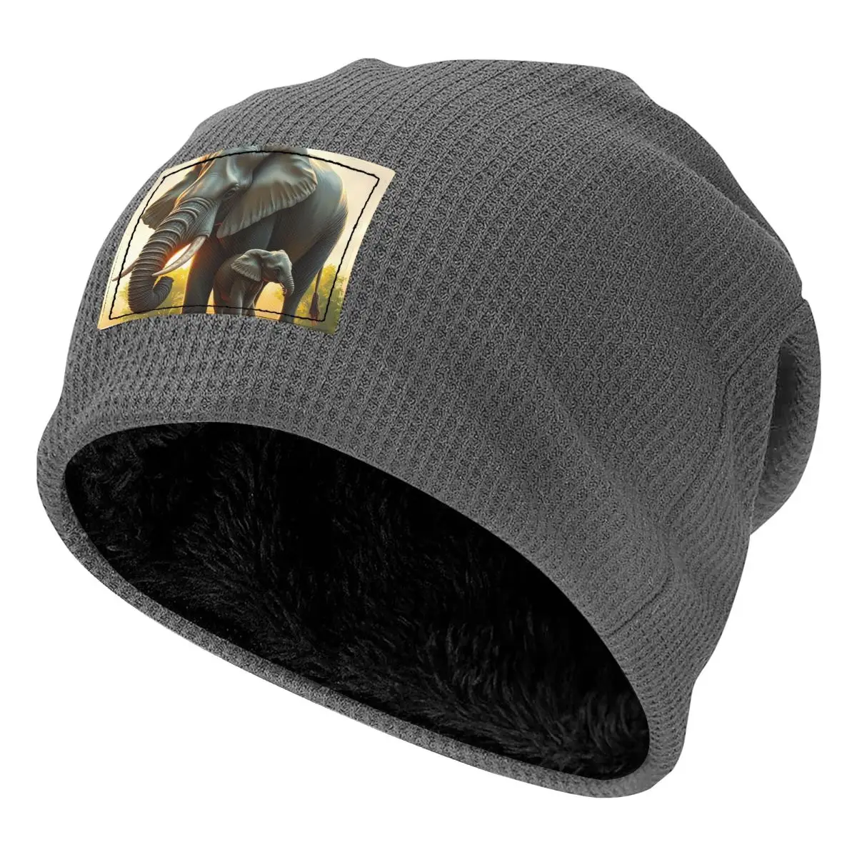 A Majestic Elephant With Her Baby Elephant Waffle Knit Fleece Lined Beanie with PU Leather Patch Unisex Warm Winter Soft Cap