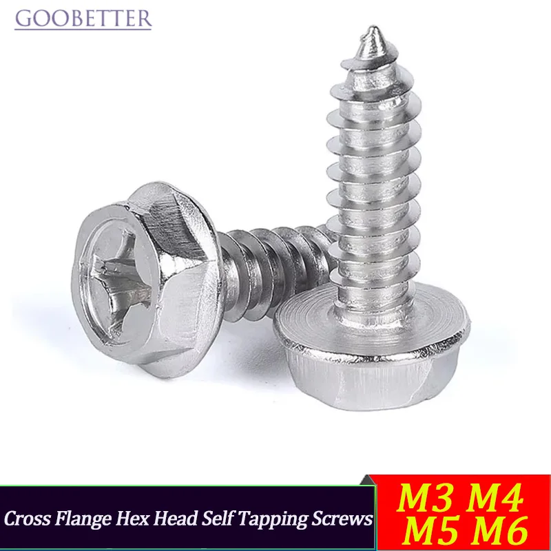 

M3 M4 M5 M6 304 Stainless Steel Self-Tapping Phillips Hex Screw Cross Hexagonal Flange Cross Head Screws Wood Nail
