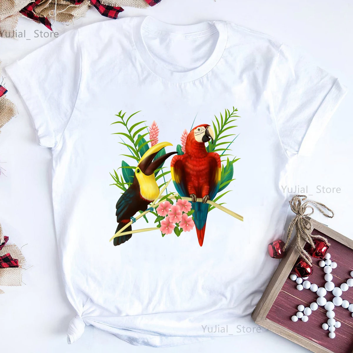 Toucan/Parrot Bird Print T Shirt Girls Rainbow Flowers Lovebirds Tshirt Women Clothes 2023 Summer Short Sleeve T-Shirt Female