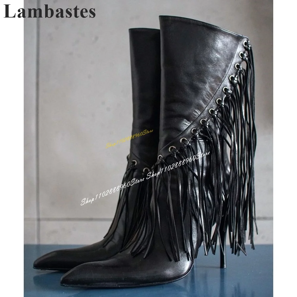 

Mid Calf Black Leather Fringe Decoration Boots Thin High Heel Shoes For Women Side Zipper Pointed Toe 2024 Zapatos Para Mujere