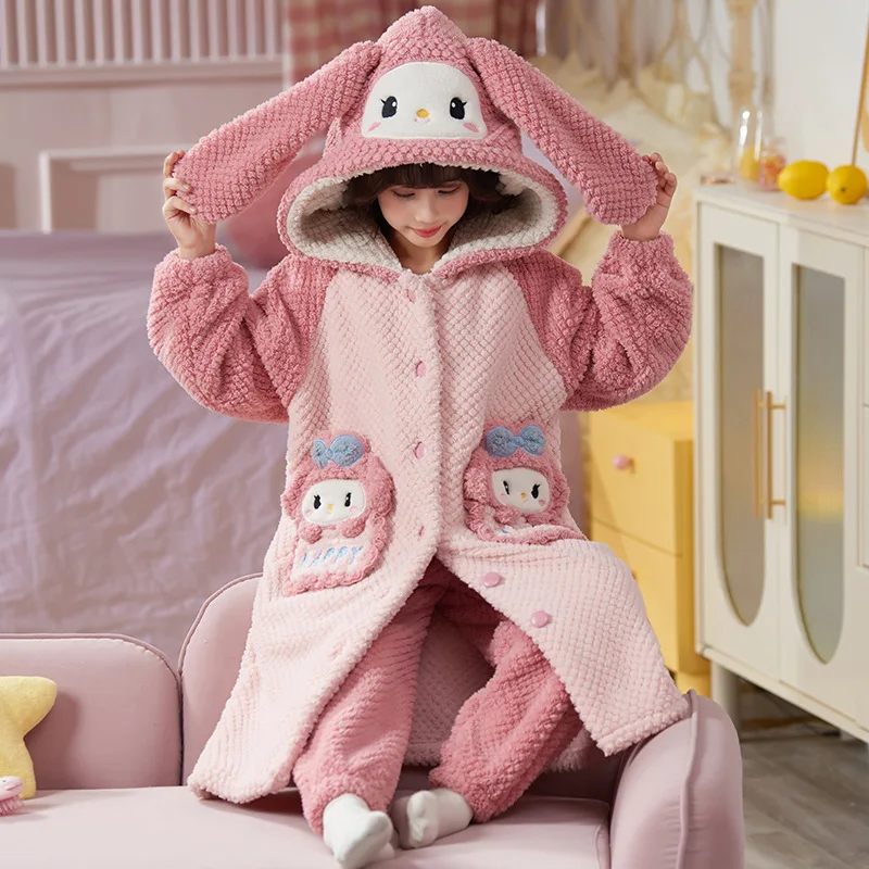 Hellokitty Anime Cinnamoroll Kuromi Parent-Child New Plush Pajamas Autumn Winter Kawaii Girl Kids Warm Bathrobe Homewear