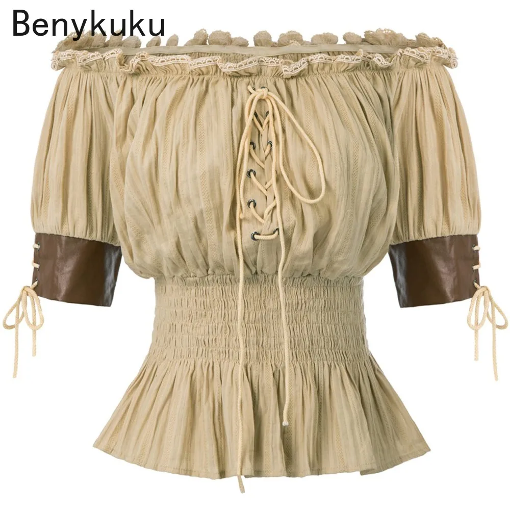 Renaissance Medieval Aristocratic Attire Women Vintage Blouse Retro Steampunk Corset Top Victorian Off Shoulder Shirts Clothes