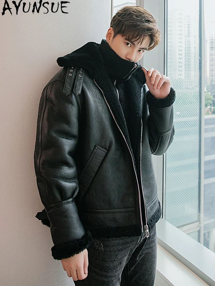 AYUNSUE High-end Natural Fur Coat Man Clothing Winter Fashion Genuine Sheepskin Real Leather Jacket Short Motorcycle Fur Coats