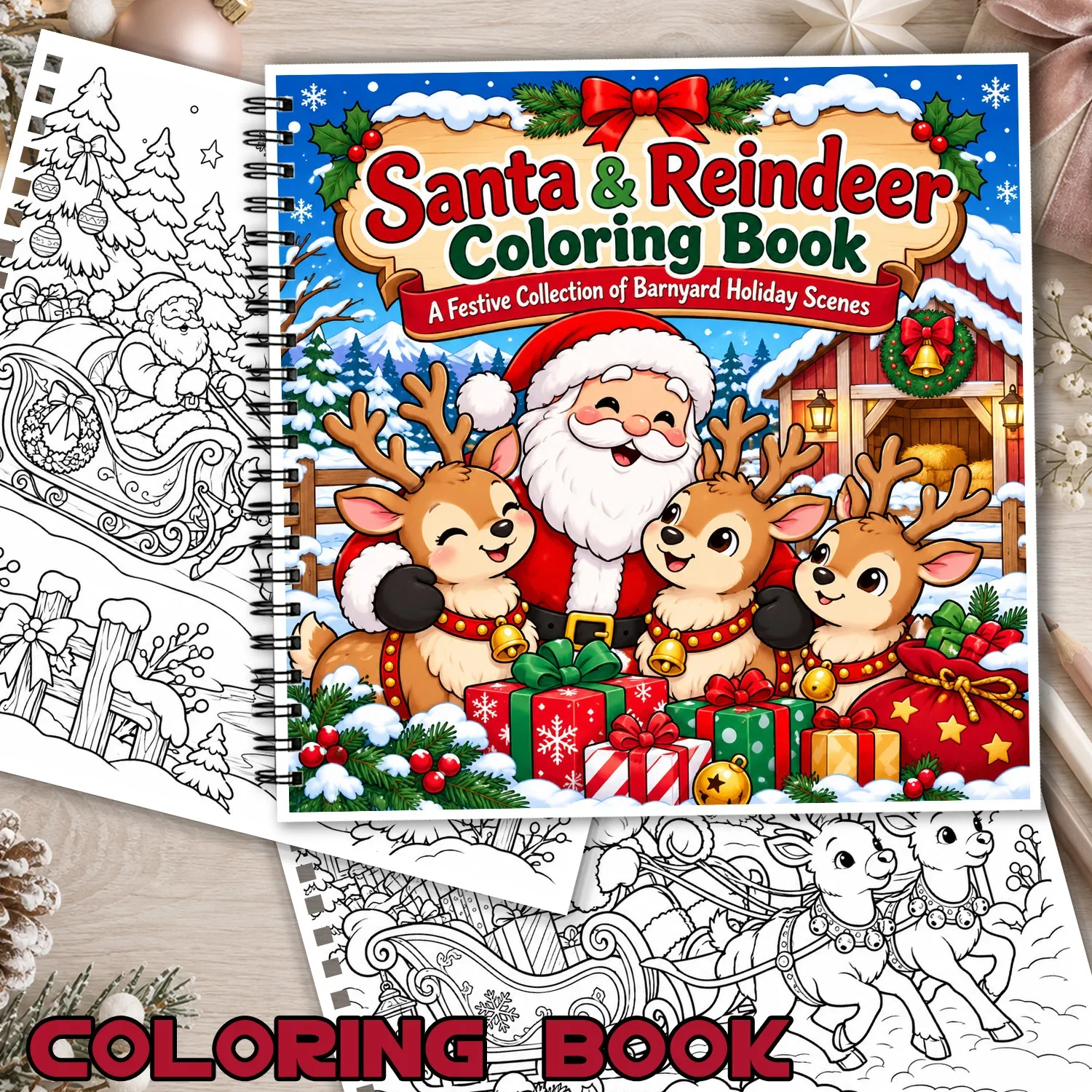 Spiral Bound Santa & Reindeer Coloring Book Festive Barnyard Holiday Scenes With Gifts And Snow, 24Sheets Showcasing Creativity