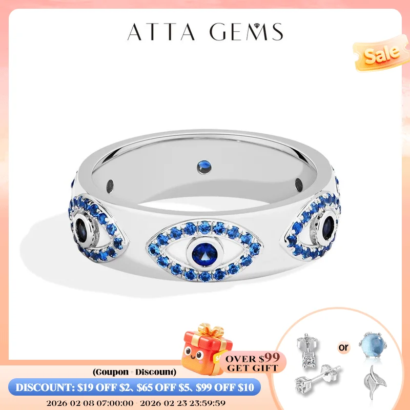 

ATTAGEMS Synthetic Blue Corundum Rings s925 Sterling Silver Evil Eye Gold Plated Ring For Women Men Holiday Party Jewelry Gifts
