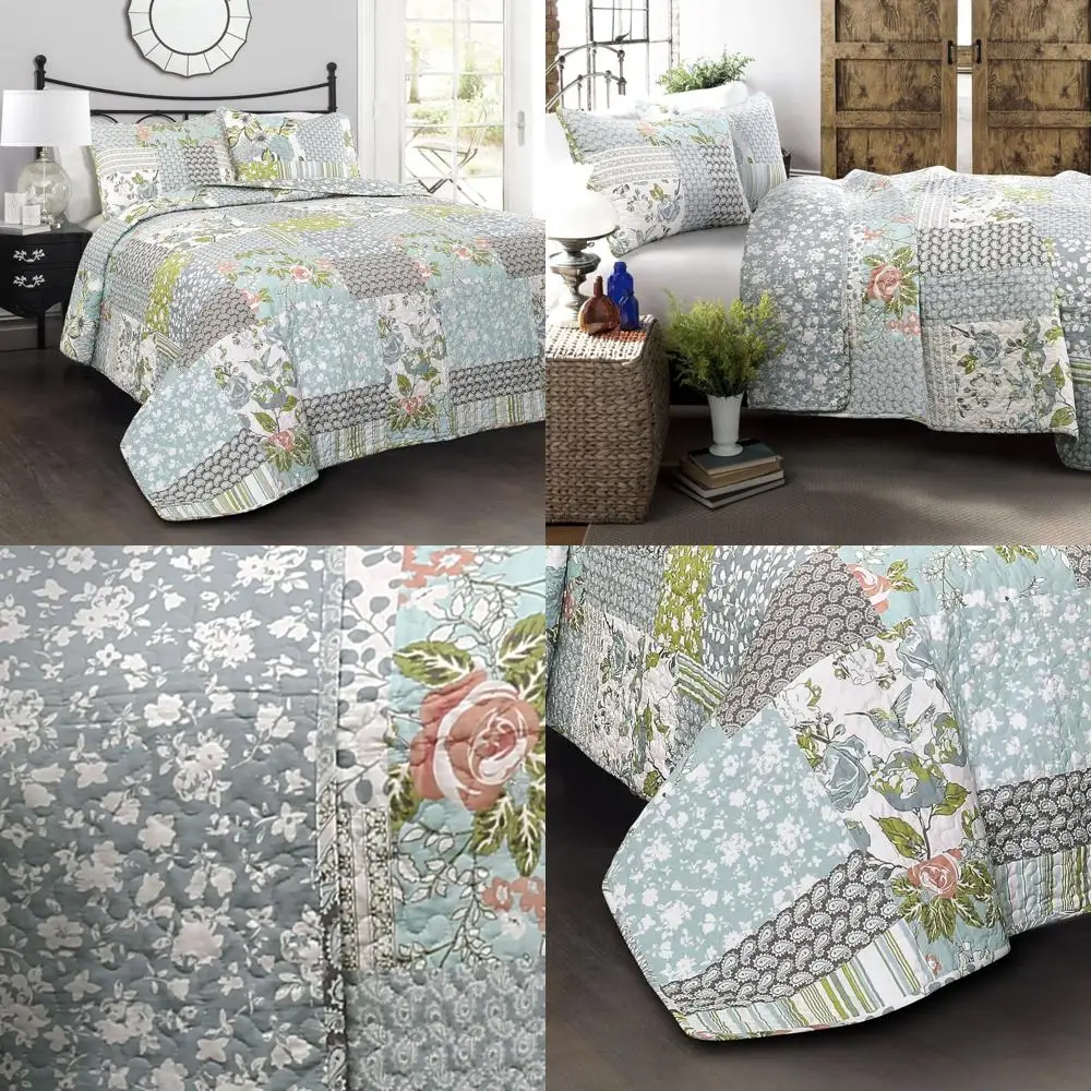 

King Size Blue Floral Patchwork Quilted Reversible Bedding Set with Country Farmhouse Style